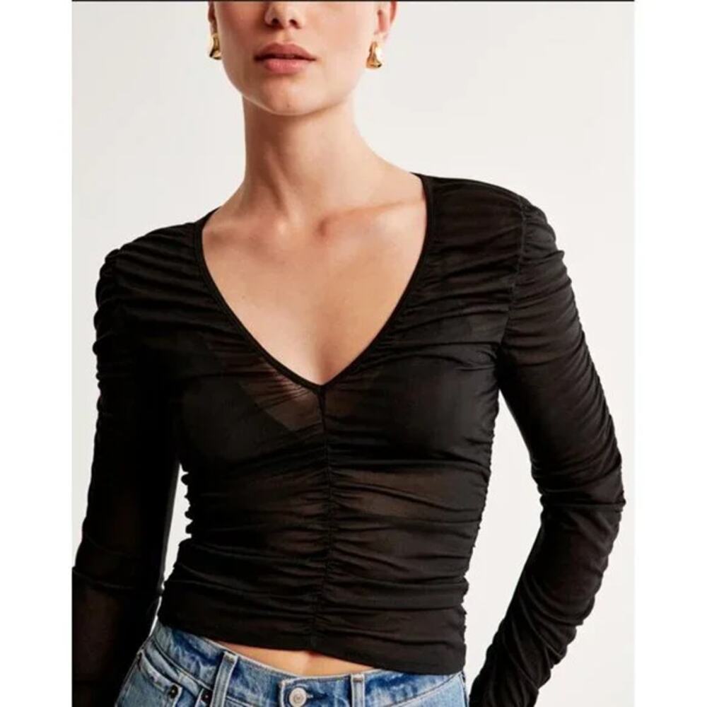 NWT Women's Size L Abercrombie & Fitch Black Long Sleeve Ruched Mesh Top